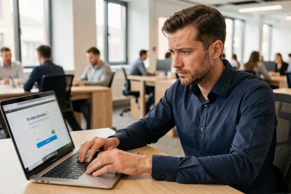 Homme au bureau regardant un message d'erreur de connexion sur un ordinateur portable, illustrant un problème d'accès bloqué sur ebatpro
