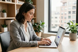 Femme connectée à un extranet professionnel sur ordinateur portable dans un bureau moderne