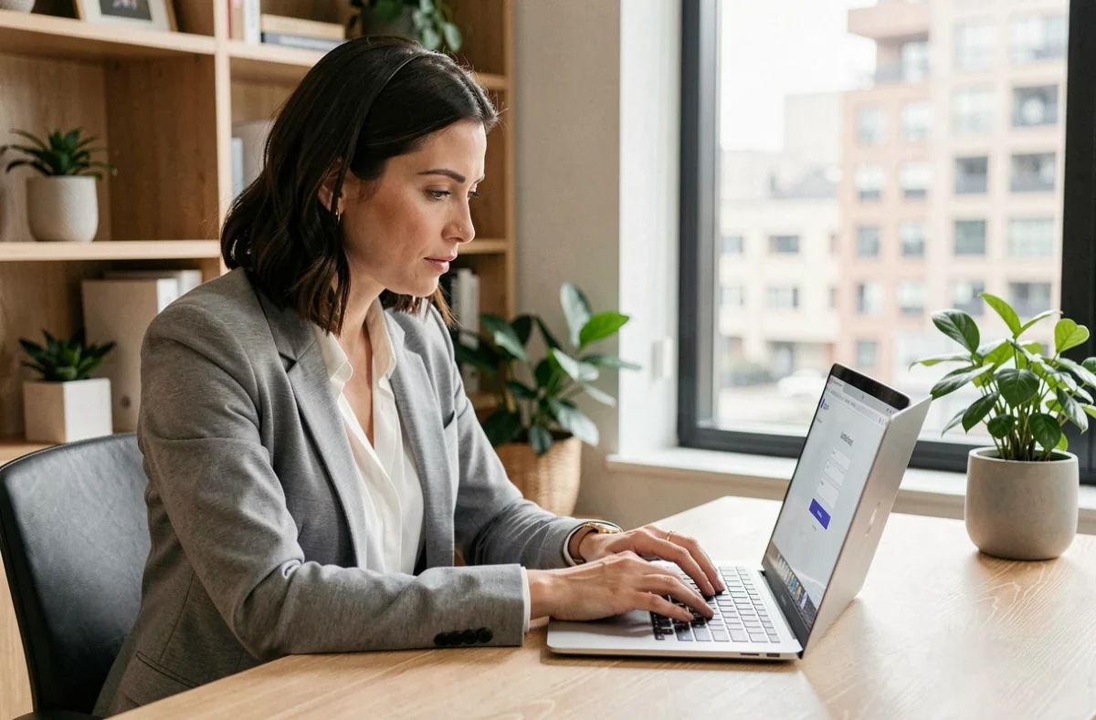 Femme connectée à un extranet professionnel sur ordinateur portable dans un bureau moderne