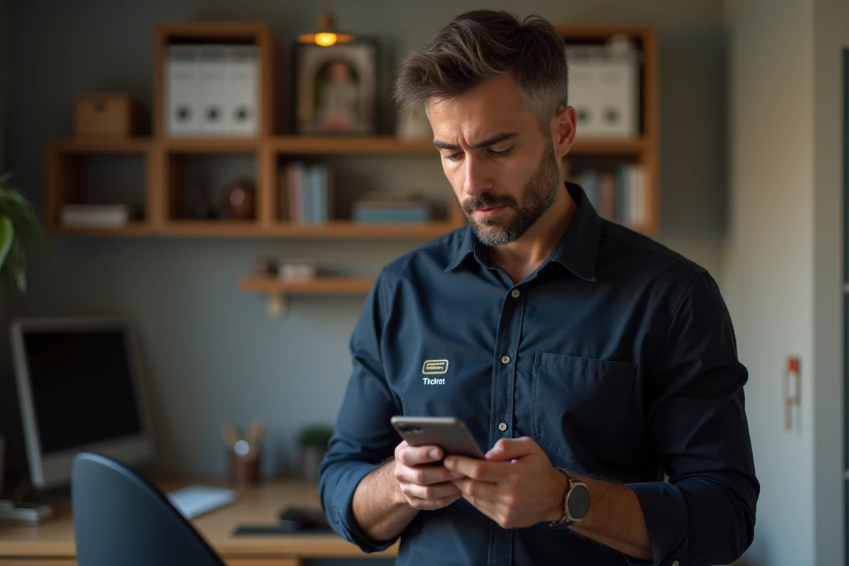 Homme consultant l'application mobile Nibelis sur smartphone pour se connecter à ses bulletins de salaire dématérialisés depuis chez lui