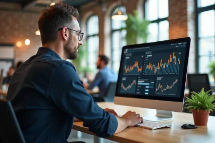 Consultant SEO masculin analysant des données de référencement naturel sur un écran dans un espace de coworking à Rennes
