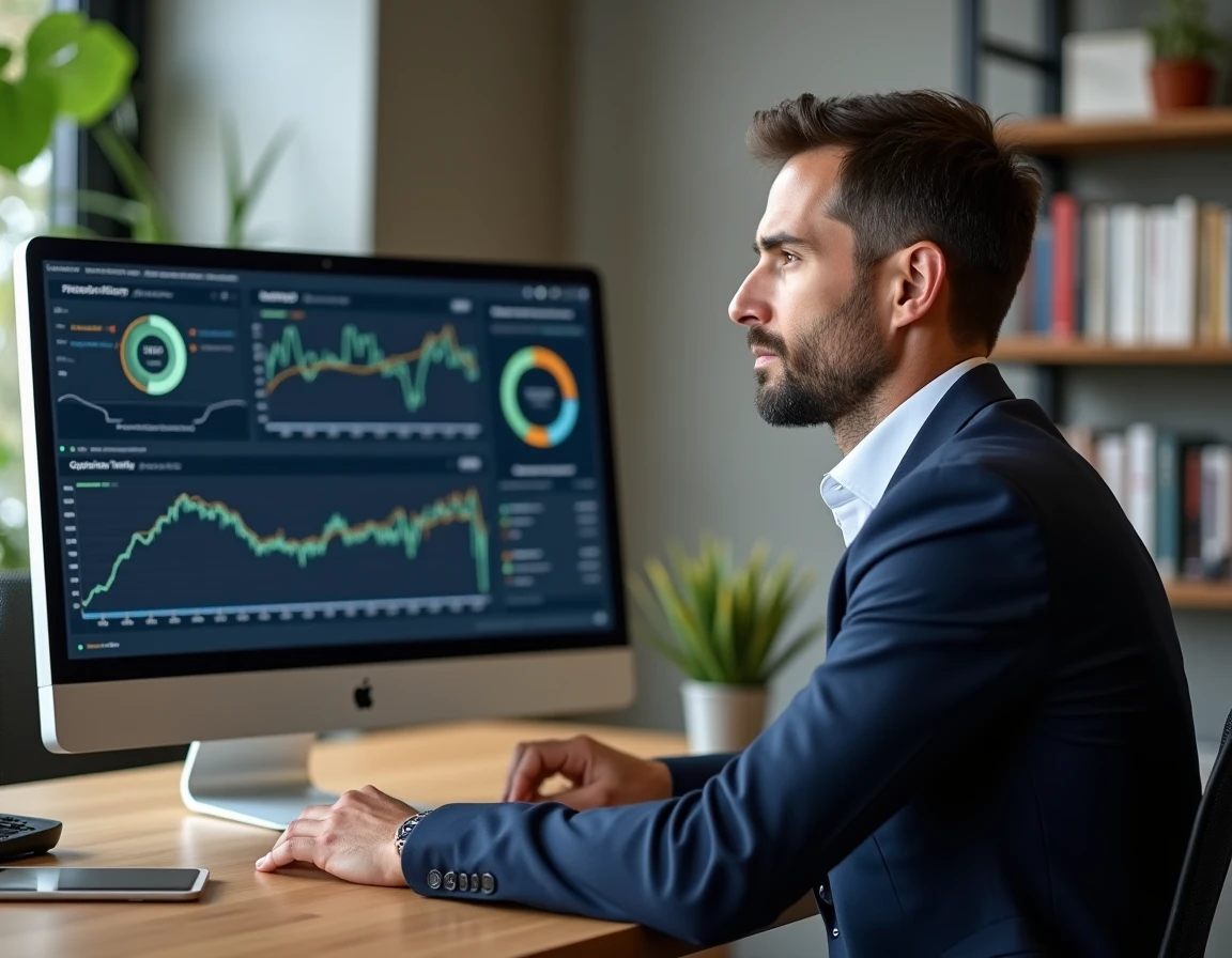Consultant SEO Rennes analysant les performances de référencement naturel sur un tableau de bord digital dans un bureau moderne
