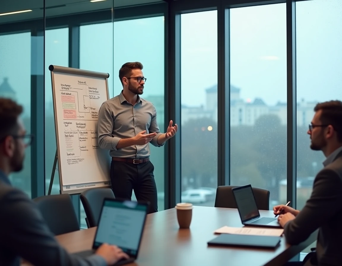 Consultant SEO à Rennes présentant une stratégie de référencement naturel à des clients en salle de réunion
