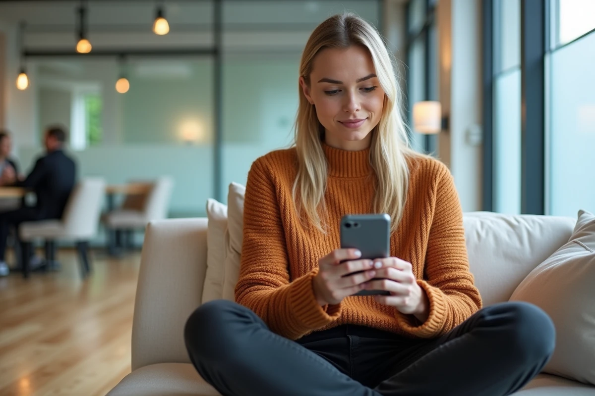 Jeune femme consultant ses documents RH sur smartphone dans un espace de coworking moderne