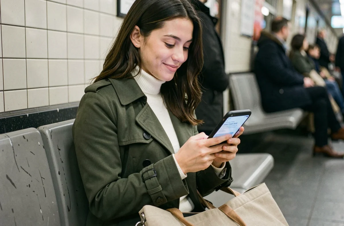 Jeune femme consultant une invitation à un événement sur smartphone dans le métro