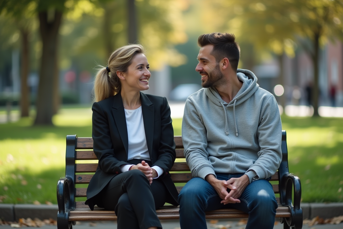 Homme et femme discutant sur un banc dans un parc urbain
