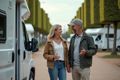 Couple souriant devant un camping-car moderne en concession
