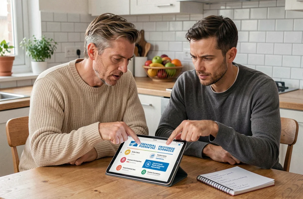 Couple cherchant ensemble des alternatives au Portail-malin de La Poste sur une tablette numérique dans leur cuisine