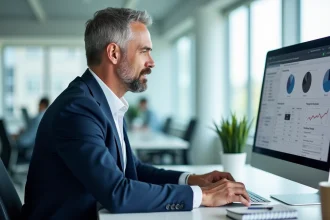 Courtier en assurance masculin consultant le portail extranet AXA sur son ordinateur de bureau dans un open space professionnel