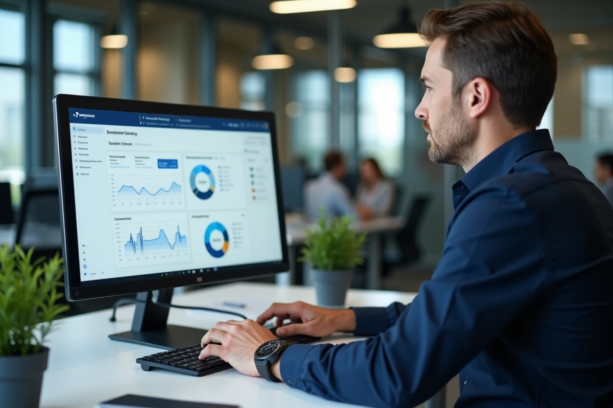 Courtier en assurance analysant le tableau de bord Extranet Courtage AXA sur son ordinateur de bureau en open space