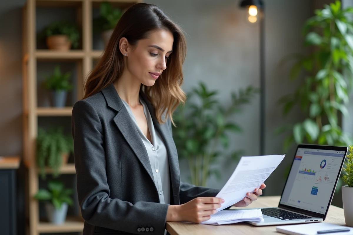 Courtière en assurance debout à son bureau consultant les nouvelles fonctionnalités de l'extranet AXA sur un laptop