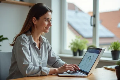 Femme utilisant un ordinateur portable pour créer son espace client EDF ENR Solaire à la maison