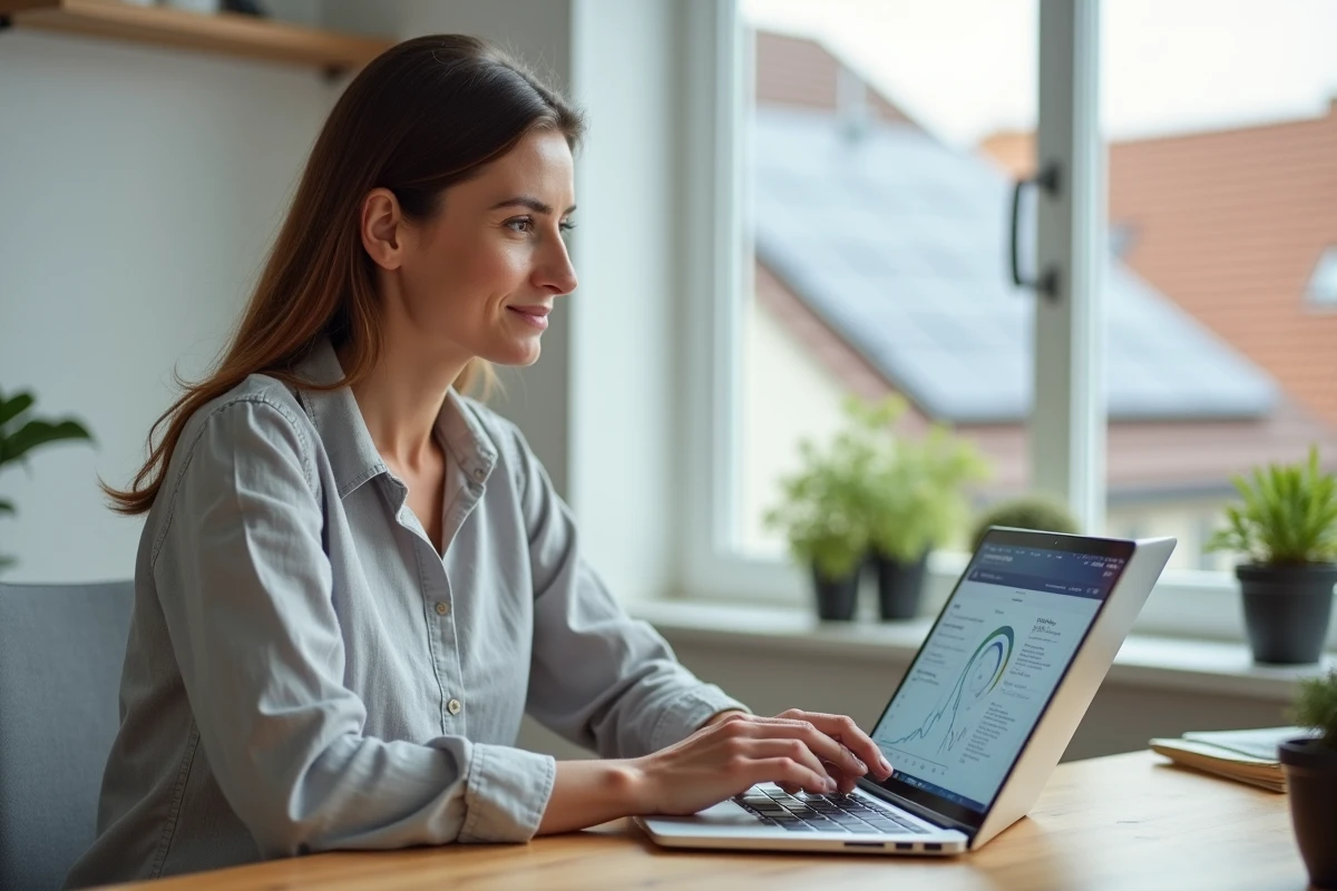 Femme utilisant un ordinateur portable pour créer son espace client EDF ENR Solaire à la maison