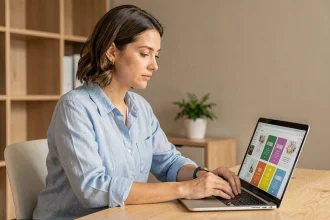 Femme créant une invitation numérique sur ordinateur portable dans un bureau à domicile moderne