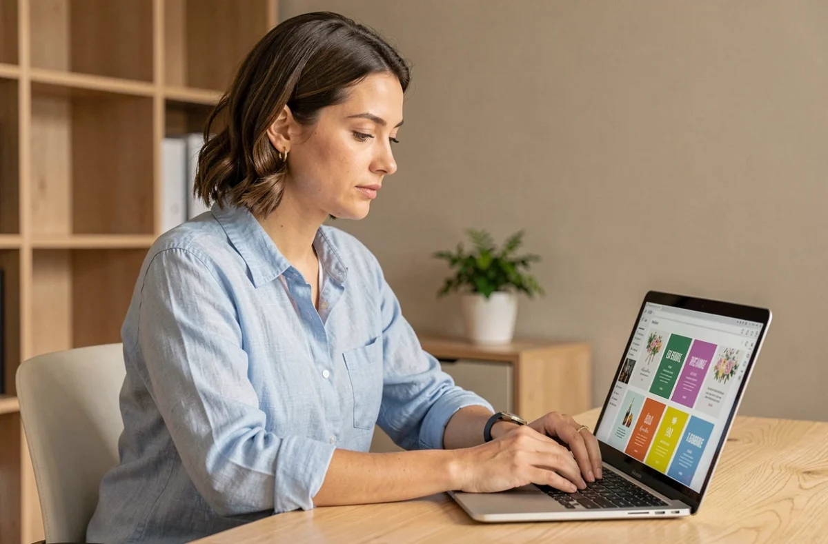 Femme créant une invitation numérique sur ordinateur portable dans un bureau à domicile moderne