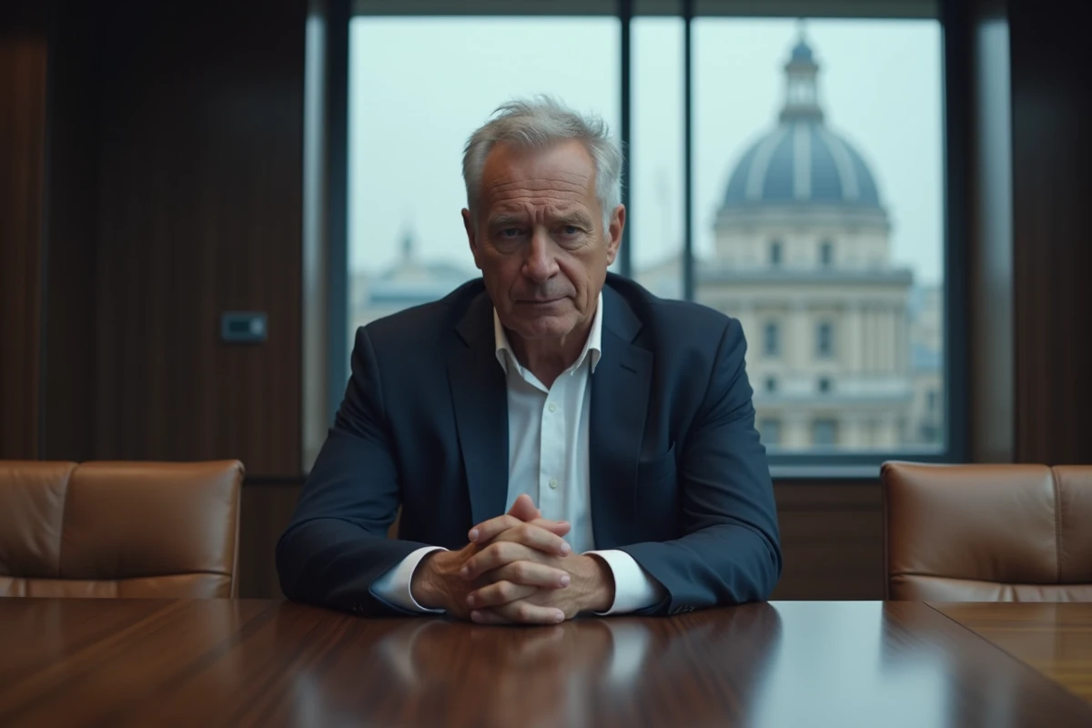 Dirigeant bancaire senior assis seul dans une salle de conseil d'administration parisienne, symbolisant une crise de gouvernance à La Banque Postale
