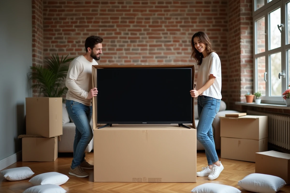 Couple déballant une nouvelle télévision commandée en ligne livrée à domicile dans leur appartement