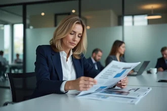 Directrice marketing en blazer marine consultant un magazine B2B professionnel dans un bureau moderne en open space