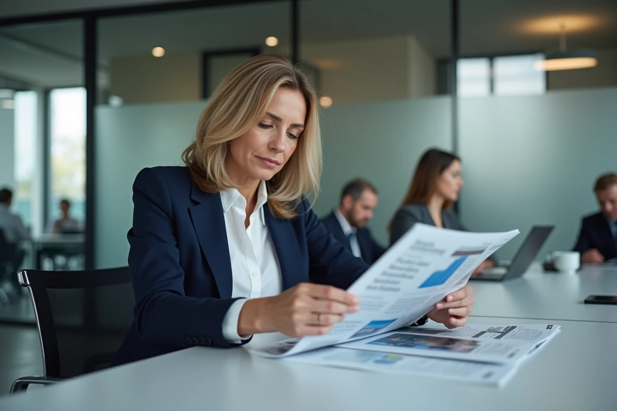 Directrice marketing en blazer marine consultant un magazine B2B professionnel dans un bureau moderne en open space