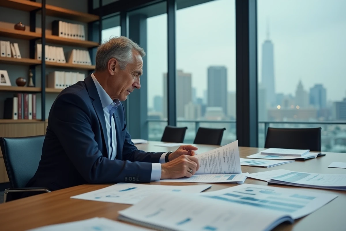 Dirigeant d'entreprise consultant des catalogues de négoce dans un bureau moderne européen, illustrant la stratégie commerciale d'Eurodir