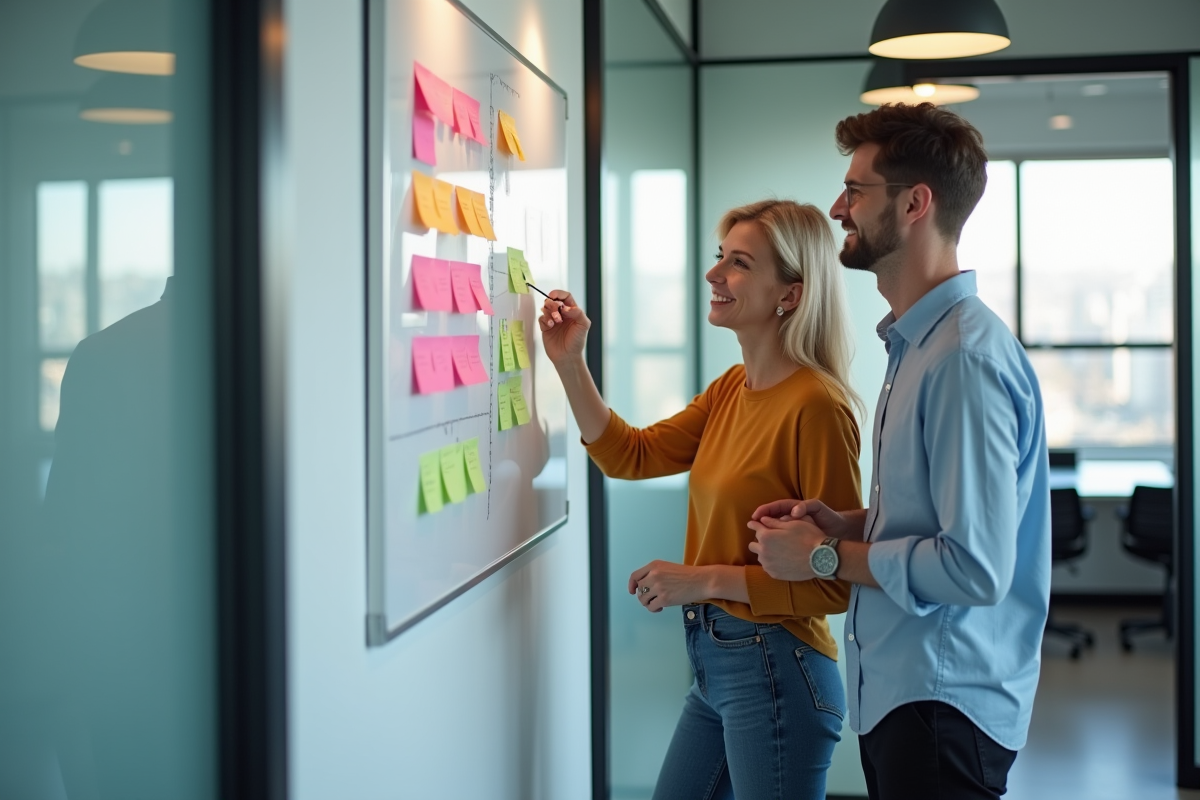Homme et femme discutant devant un tableau blanc en réunion