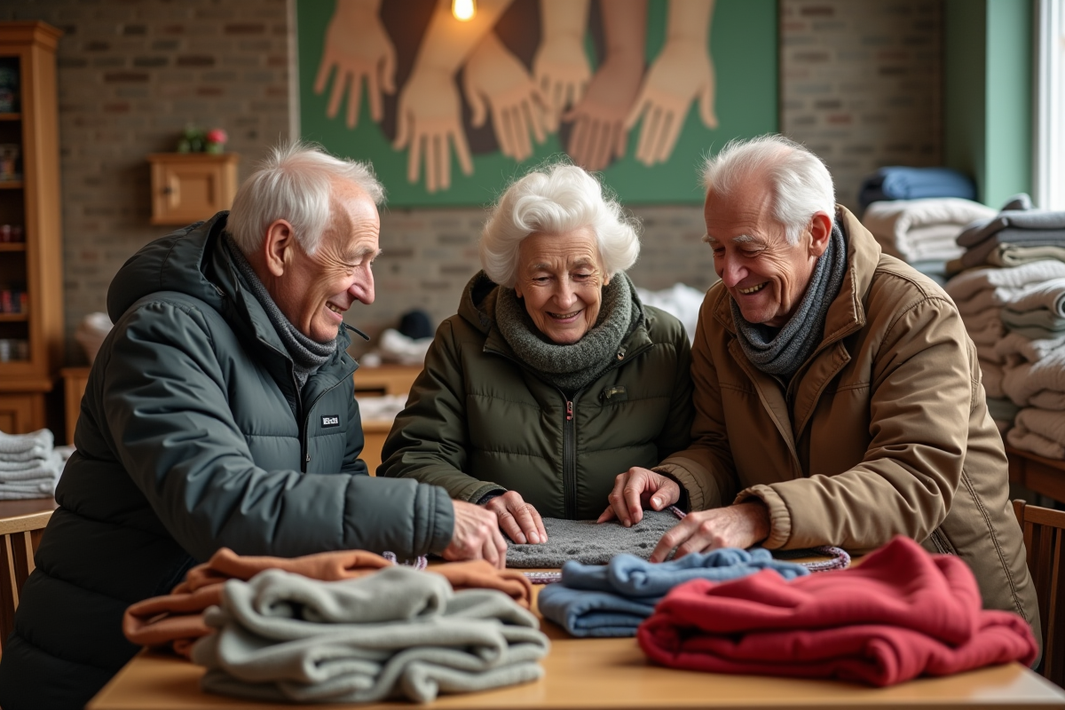 Groupe de personnes âgées triant des vêtements dans un centre communautaire