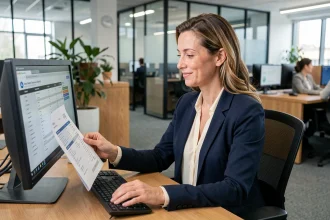 DRH femme consultant des fiches de paie numériques sur ordinateur dans un bureau moderne