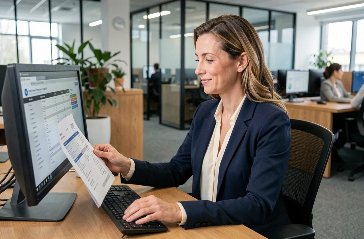DRH femme consultant des fiches de paie numériques sur ordinateur dans un bureau moderne