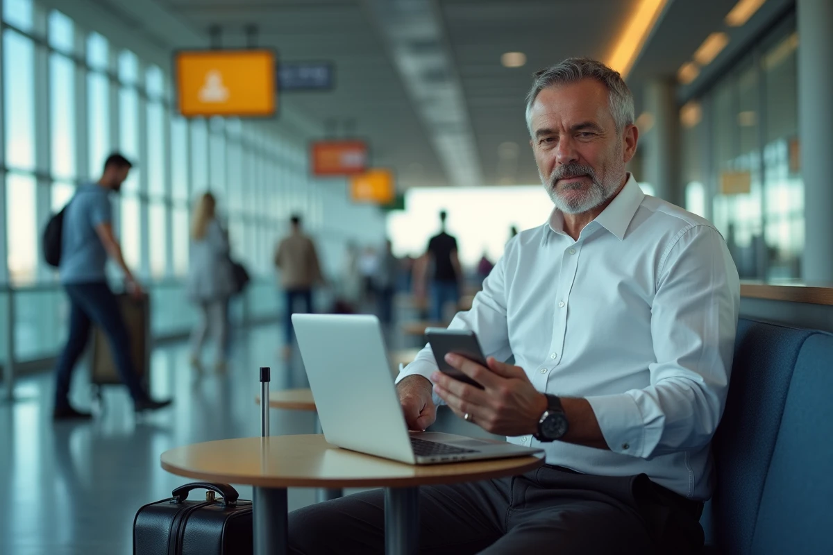 Employé Air France en déplacement professionnel accédant à l'intranet depuis son téléphone dans un terminal d'aéroport