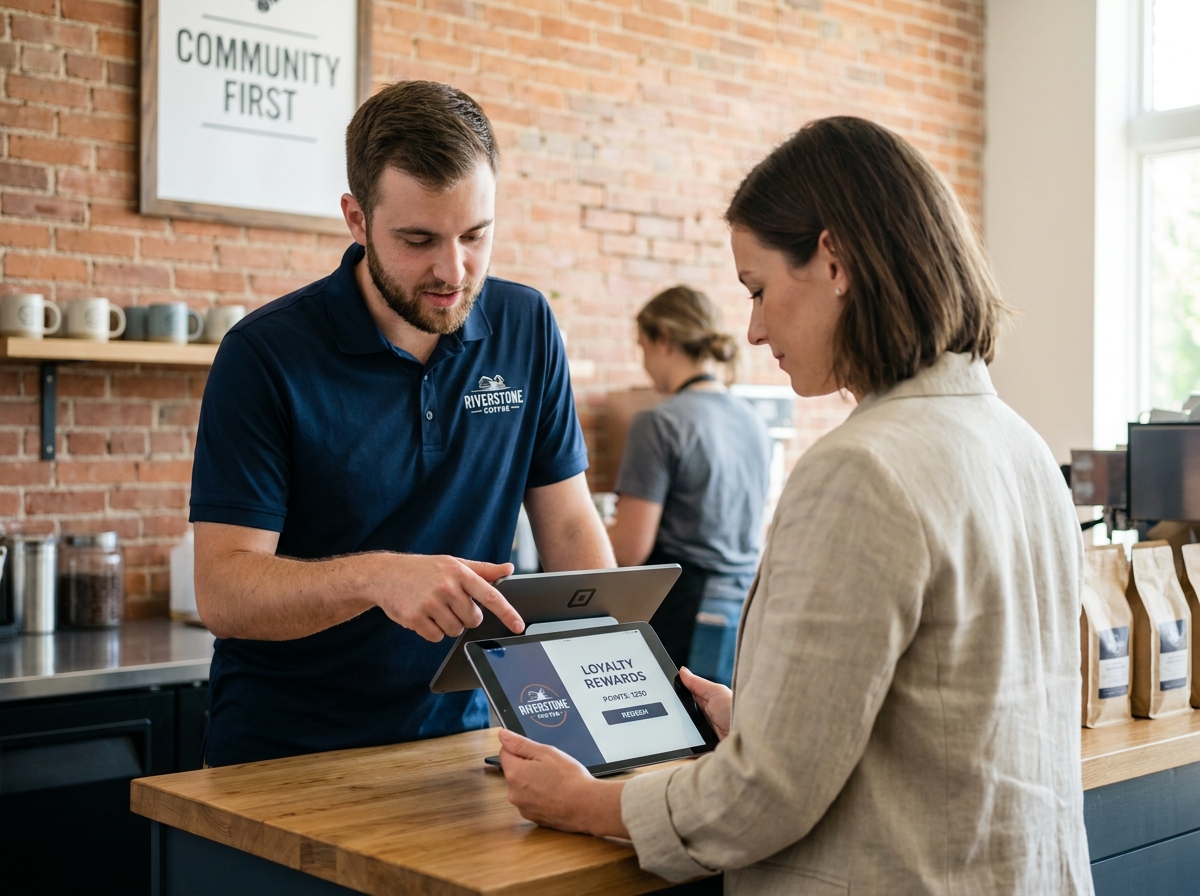 Employé et client consultant un tableau de bord de points de fidélité sur tablette en magasin