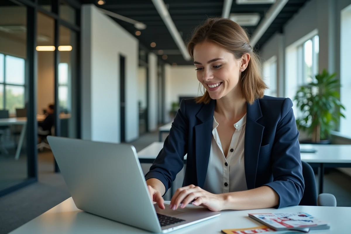 Employée consultant les avantages du CSE Arval sur son ordinateur portable dans un bureau moderne