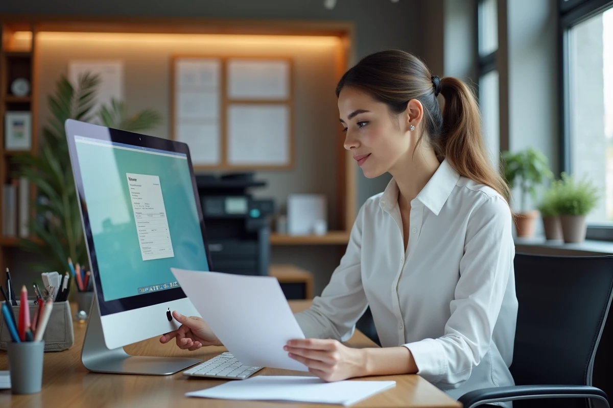 Employée administrative d'une imprimerie consultant une facture sur ordinateur dans un bureau de réception
