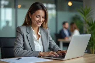 Employée consultant l'interface MyPeopleDoc sur son ordinateur portable dans un bureau moderne pour gérer ses documents RH