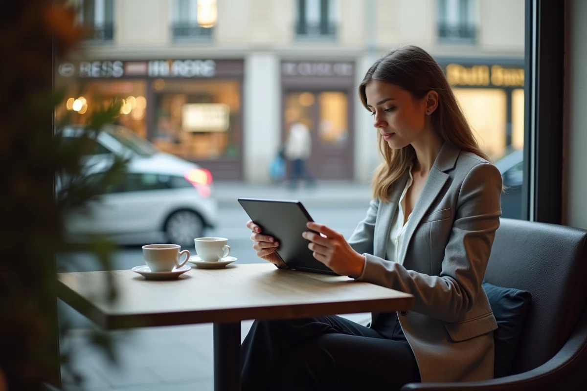 Employée RATP utilisant Urbanweb sur tablette dans un café parisien