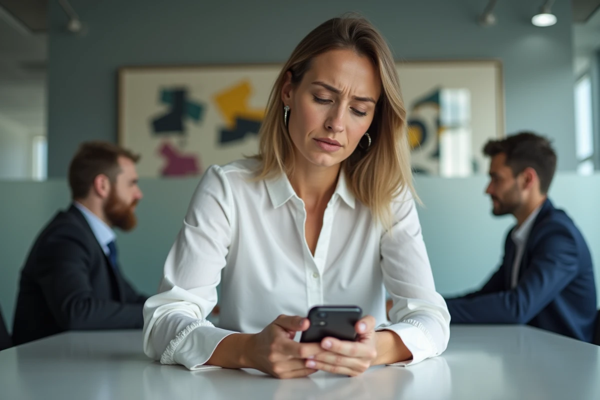 Employée enregistrant discrètement une réunion professionnelle avec son smartphone, illustrant les pratiques d'enregistrement clandestin en entreprise et leurs risques juridiques