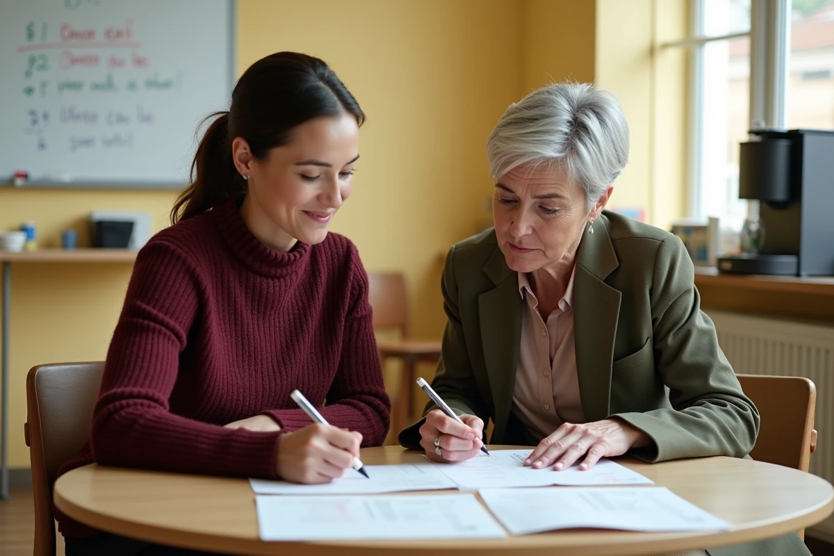 Deux enseignantes de l'éducation nationale comparant les documents du calendrier de paie et des primes dans une salle des professeurs