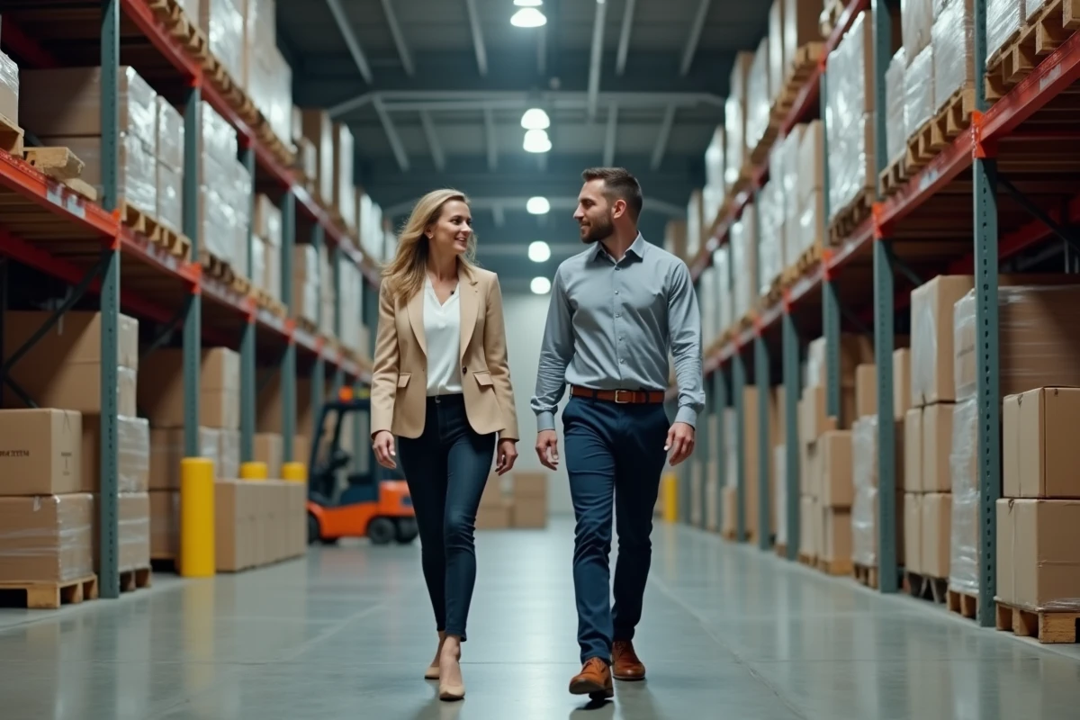 Deux professionnels du secteur du négoce discutant dans un entrepôt logistique rempli de marchandises palettisées, symbolisant les opérations de distribution d'Eurodir