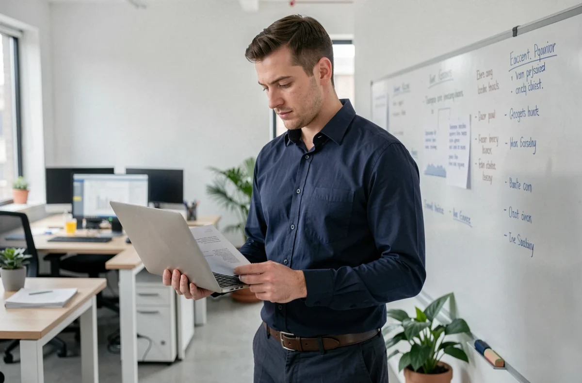 Un jeune entrepreneur examine son dossier de création d'entreprise dans un espace de coworking, illustrant les démarches liées à l'Acre