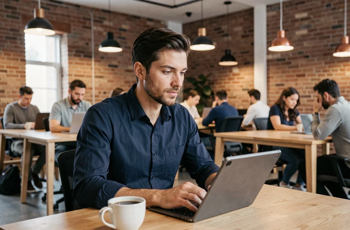 Jeune entrepreneur masculin consultant une plateforme de création d'entreprise sur une tablette dans un espace de coworking moderne