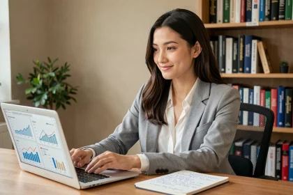 Jeune femme entrepreneur débutante travaillant sur son ordinateur portable dans un bureau à domicile, découvrant une plateforme de gestion d'entreprise en ligne