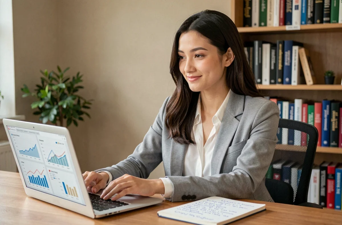 Jeune femme entrepreneur débutante travaillant sur son ordinateur portable dans un bureau à domicile, découvrant une plateforme de gestion d'entreprise en ligne