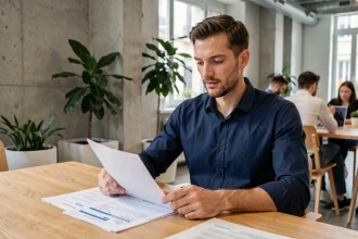 Entrepreneur français consultant des documents d'aide régionale pour son dossier de financement en 2026