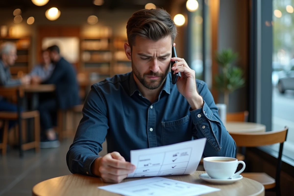 Entrepreneur au téléphone consultant des documents Urssaf dans un café
