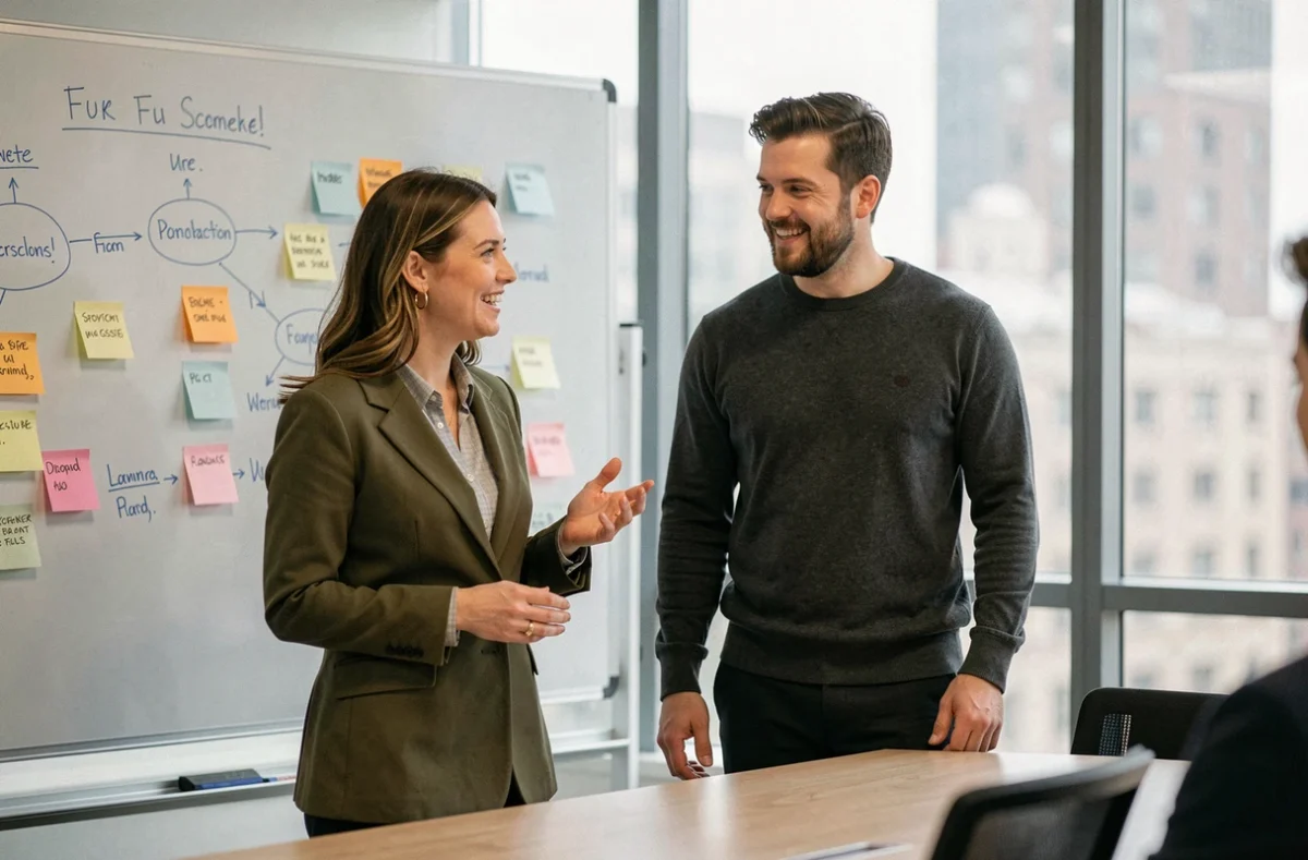 Deux entrepreneurs débutants collaborant dans un bureau moderne devant un tableau blanc, planifiant le lancement de leur activité avec hubentreprise360