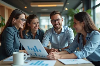 Groupe de professionnels en réunion autour d'une table moderne