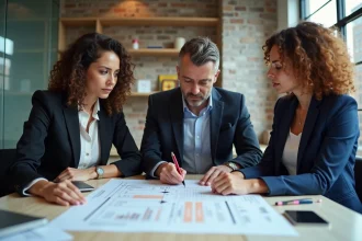 Groupe de professionnels analysant une matrice McKinsey en réunion