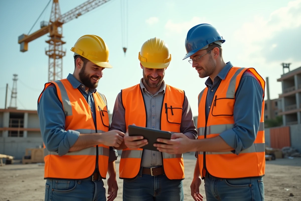 Groupe d'ouvriers du BTP consultant ensemble une ressource professionnelle en ligne sur tablette sur un chantier urbain