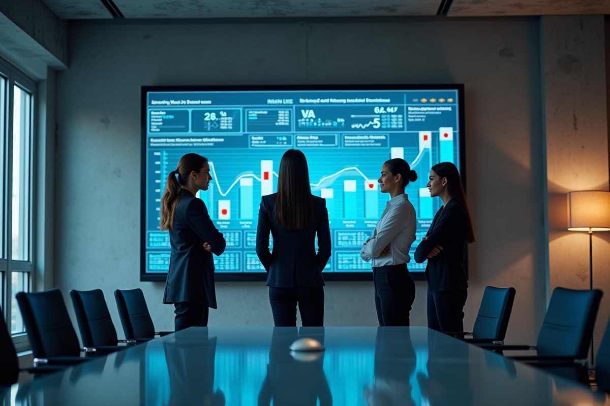 Groupe de professionnels discutant devant un écran logiciel