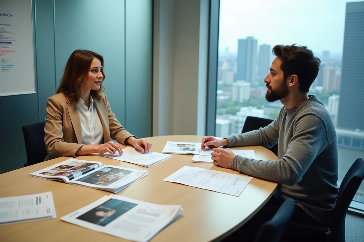 Deux professionnels B2B en réunion stratégique autour de magazines et supports éditoriaux dans une salle de conférence vitrée