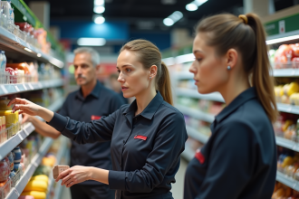 Groupe d'employes de supermarche en uniformes en action